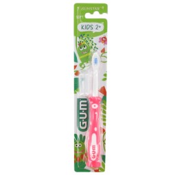 Brosse à dents en plastique souple avec poils doux de couleur rose. GUM Kids