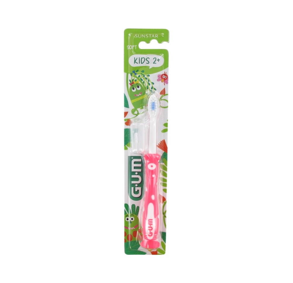 Brosse à dents en plastique souple avec poils doux de couleur rose. GUM Kids